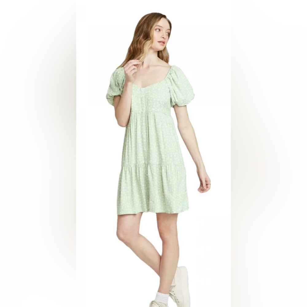 Wild Fable Mint Green Floral Puff-Sleeve Babydoll Mini Dress – Size Medium